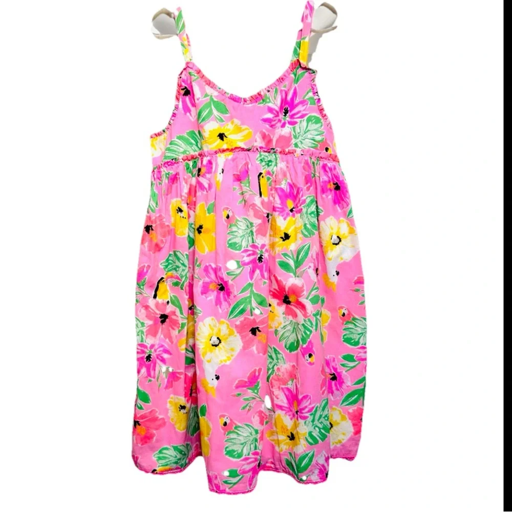 Tommy Bahama Dress Girls Sz 8 Hawaiian Floral Parrots Tropical Bird Crochet Trim - Picture 1 of 11